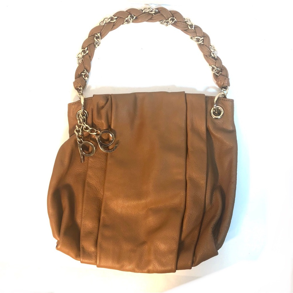 PURIFICACION GARCIA Cognac Brown Leather Bag Purse w/ Chain Strap and Charms